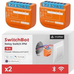 SwitchBot Matter Smart Relais Schakelaar 1PM, Stroommeetmodule met ingebouwde Bluetooth Repeater, Wi-Fi & Bluetooth Schakelaar werkt met Alexa/Apple HomeKit/Google Home, 2,4 GHz, 16A 2 Stuks