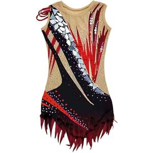 Ritmische Gymnastiek Maillots Dames Meisjes Turnpakje Elasticiteit Ademend Handgemaakt Jeweled Diamond Look Mouwloos Wedstrijd Dans Artistieke Gymnastiek Turnpakje (Kleur : Red, Maat : 10 JAAR)