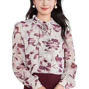 ROUZIHU Bloemen Chiffon Shirt Top Losse Stand Kraag Pullover Lange Mouw Dames Shirt, Paars, XXL