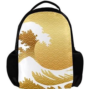 Rugzak voor vrouwen en man, School reizen werk Rugzak Japanse Vintage Stijl Grote Gouden Golven, Meerkleurig, 27.5x13x40cm, Rugzak Rugzakken