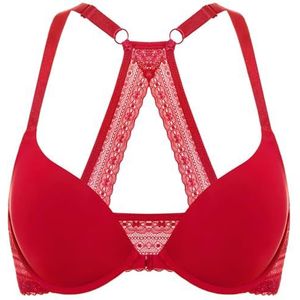 DOBREVA Dames Voorsluiting Push Up BH met Beugel Zacht T Shirt Diepe Hals Bh's Halter Gevoerd Lippenstift rood 75C