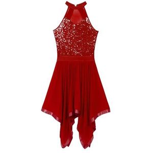 Danskostuums Dames onregelmatige zoom Latin hedendaagse jurk mouwloze pailletten Latin Jazz jurk ballet turnpakje met rokken prestatiekostuum (Color : Burgundy, Size : L)