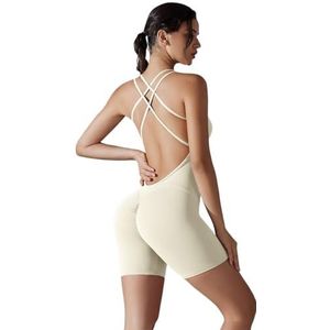 ROEUIPG Sexy yoga-set, blote rug, strak sportpak, jumpsuit voor dames, gymnastiekromper, fitness, korte tuinbroek, eendelige set (wit, XL)