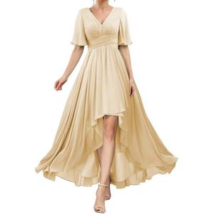 HPPEE Flutter Mouw V-hals Bruidsmeisjesjurken voor Vrouwen Geplooide A-lijn Chiffon Formele Avondjurk, Champagne, 32