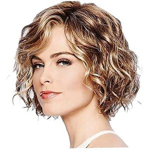 Short Curly Light Brown Wigs for Women Girls, 11 Inch Synthetic Daily Party Cosplay L Part Wig with Side Parting Wavy Hair Wigs