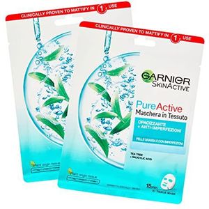 2 x Garnier SkinActive puur actief gezichtsmasker van stof, tegen onvolkomenheden en mat, 2 verpakkingen met elk 1 behandeling