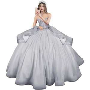 Fuomomo Quinceanera MT054 Jurken met spaghettibandjes, partyjurk met staart, Quinceanera kanten jurk met strik, Quinceanera tule met parels, zilver., 36