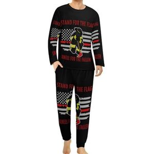 Amerikaanse brandweerman rode lijn vlag comfortabele heren pyjama set ronde hals lange mouw loungewear met zakken 6XL