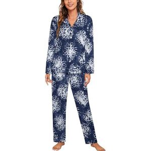 Indigo Blauw Tie Dye Patroon Vrouwen Lange Mouw Button Down Nachtkleding Zachte Nachtkleding Lounge Pyjama Set S