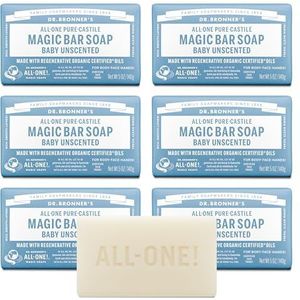 Dr. Bronner's Pure-Castilië Magic Bar Zeep (Baby Unscented, 5 Oz, 6-Pack) - Gemaakt met regeneratieve biologische gecertificeerde oliën, voor gezicht, lichaam en haar, zacht voor de gevoelige huid