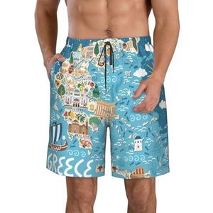 Yyoretp Heren Griekenland kaart print casual Hawaiiaanse strandshorts, sneldrogende shorts zwembroek met zakken, Wit, XL