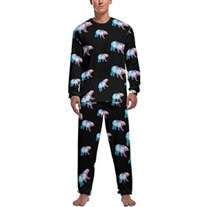 Beer met bergen landschap heren pyjama sets lange mouwen top en broek met elastische band nachtkleding lounge pyjama sets L