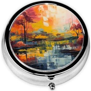 Kleurrijk schilderij bedrukte ronde pillendoos, klikdeksels, pillendoos voor reizen, mini draagbare pillenorganizer voor lange termijn om mee te nemen in zakken, portefeuilles, reizen, werk