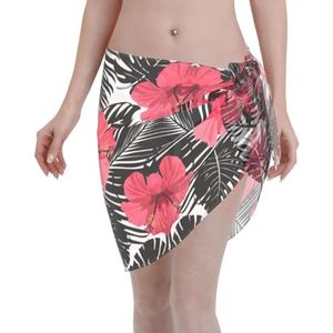 Rode hibiscus print elegante strandwrap, bikini cover-up, badmode jurk, voor vrouwen, perfect voor zwembad en resort, Zwart, one size