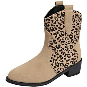 Enkellaarsjes Dames Suède Korte Laarzen Luipaardprint Instapschoenen Blokhak Enkellaarsjes Western Cowboylaarzen(Beige,43 EU)
