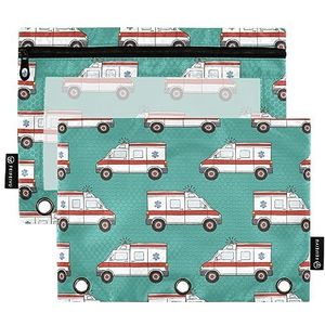 FRODOTGV Ambulance Cars Binder Potlood Pouches 3-Ring Potlood Pouches 2 Pack Clear Pen Case Rits Drie Gaten Potlood Zakken voor 3-Ring Binder