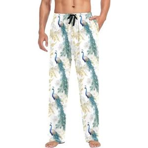 LI ZHI XIN Herenpyjamabroek, lange pyjamabroek, lente, herfst, dunne losse stijl, elastische tailleband met zak, S-XXL, mooi pauwenpatroon, Meerkleurig, S