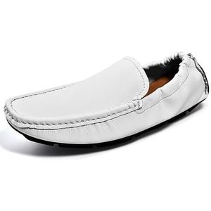 Comodish Men's Loafers Solid Color Apron Toe Driving Loafers Leather Lightweight Flexible Flat Heel Party Slip On (Color : Wit, Size : 42 EU)