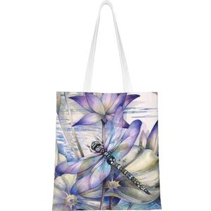LAMAME libelle op lotus bloem gedrukt herbruikbare Tote boodschappentas wasbare draagtas mode schoudertas