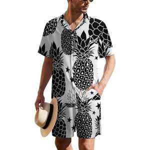 Balck And White Pineapples Hawaïaans pak voor heren, set van 2 stuks, strandoutfit, shirt en korte broek, bijpassende set