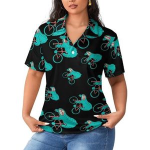 Blauwe luiaard rijdt een fiets dames poloshirts met korte mouwen casual T-shirts met kraag golfshirts sport blouses tops M