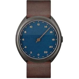 slow O 14 - donkerbruin vintage lederen antraciet case blauwe wijzerplaat unisex quartz horloge met blauwe wijzerplaat analoge display en donkerbruine lederen band, Blue/Dark Brown, Riem