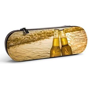Potlood Case Flessen Bier Strand Zonsondergang Tijd Afdrukken Lederen Potlood Pouch Grote Capaciteit Potlood Pen Case Cosmetische Tas