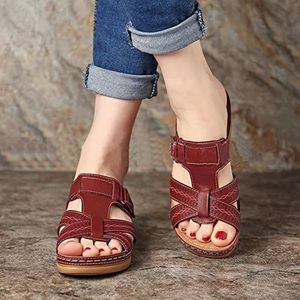 Dames orthopedische open teen sandalen, zomer comfortabele vintage casual strand slip op slipper, steunzolen sandalen wig schoenen pantoffels(Size:37 EU,Color:Kastanjebruin)