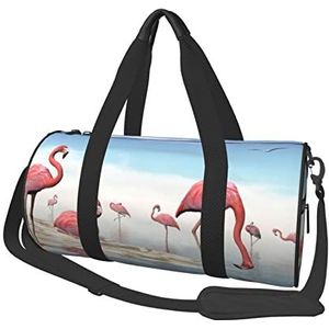 Kudde Roze Flamingo's Op Het Strand Gedrukt Reistas Gym Sportuitrusting Tas Multi Pocket Reizen Duffel Tas voor Opslag Sport Camping, Zwart, One Size