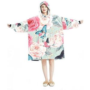 Bloemen & Vlinders Draagbare Deken Hoodie,Oversized Hooded Deken Sweatshirt, Meerkleurig, One Size