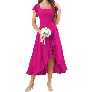 HPPEE Flutter Mouw Chiffon Bruidsmeisjesjurken voor Vrouwen Vierkante Hals Korte Avond Formele Jurk, roze (hot pink), 32