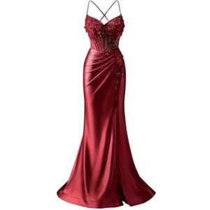 Satijnen Galajurken voor Vrouwen Zeemeermin Formele Avondbaljurken met spleet Ceremonie Jurken Plus Size, wijnrood, 32