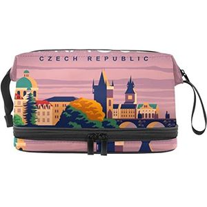 Make-up tas - grote capaciteit reizen cosmetische tas, Praag reizen poster, Meerkleurig, 27x15x14 cm/10.6x5.9x5.5 in