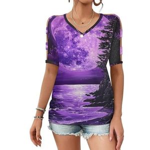 Paars Supermoon Casual Top Korte Mouw Tee Off Shoulder Tops Vakantie T-shirt Zomer Blouses