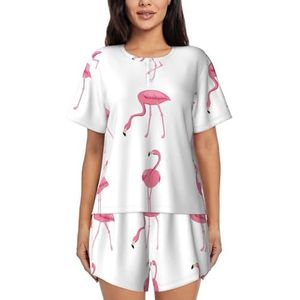 Flamingo's Op Witte Print Dames Zomer Zachte Tweedelige Bijpassende Outfits Korte Mouw Pyjama Lounge Pyjama Sets, Zwart, M