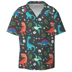 EdWal Cartoon Dinosaurus Print Heren Korte Mouw Button Down Shirts Casual Losse Fit Zomer Strand Shirts Heren Jurk Shirts, Zwart, XXL