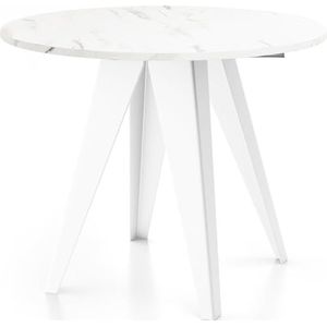 WFL GROUP Moderne ronde tafel voor de eetkamer, diameter 90 of 100 cm, uittrekbare eettafel met witte metalen poten met poedercoating, industriële stijl, wit marmer, 100 cm