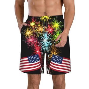 JIAWUJYNB Independence Day America Flag Fireworks Print strandshorts voor heren, lichtgewicht, sneldrogende zwembroek met trekkoord en zakken, Wit, M