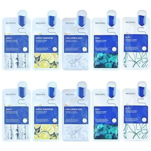 Mediheal Dermaplus Bladmasker, 10 stuks, berk, cica, hyaluronzuur, aloë, hartblad, 5 willekeurige varianten, elk 2 stuks, Koreaanse huidverzorgingsset, schoonheidscadeau voor alle huidtypes
