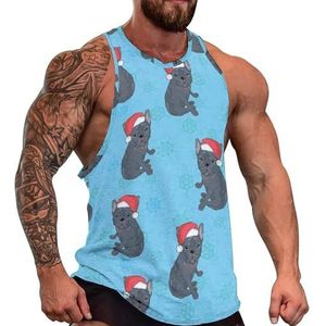 Mopshond met kerstmuts heren tanktop grafische mouwloze bodybuilding T-shirts casual strand T-shirt grappige sportschool spier