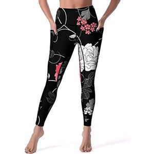Zwart bloemenpatroon dames yoga broek hoge taille legging buikcontrole workout running legging L