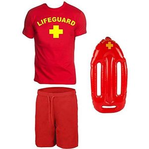 Coole-Fun-T-Shirts Lifeguard Zwemboei kostuum reddingszwemmer 3-delige set T-shirt zwembroek rood maat XL