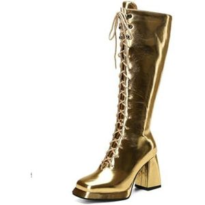 Dames Vetersluiting Zilveren Knie Zijkant Rits Blokhak Paardrijden Lange Laarzen,Goud,34 EU