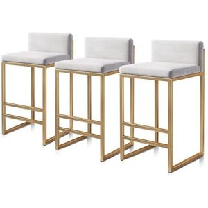 JAVYPPT Keuken barkrukken, barkrukken set van 3, fluwelen tegenkrukken, barstoelen met rugleuning en voetsteun, industriële gestoffeerde barkrukken voor thuis, keukeneiland, bistro (wit, 55 cm)