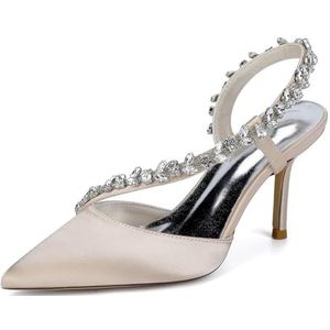 KYEGLO Satijnen Damessandalen Met Spitse Neus En Riempje - Gesloten Neus, Naaldhak Met Strass-Steentjes, Feestelijke Bruiloftsschoenen, Cadeaus Voor Dames,Champagne,36 EU