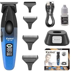 KEMEI 1669 Baardtrimmer voor mannen, snoerloze haartrimmer met LED-display, 9000 tpm tondeuse voor barbier met oplaadbasis, DLC gecoat T-mes (Blauw)