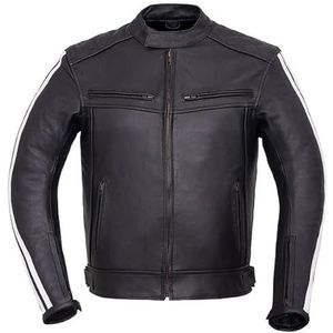 Jet Heren Zwart Lederen Motorfiets Motorjas Verwijderbare Armour Cafe Racer Stijl Racing Strepen Echt Koeienhuid Biker Beschermende Jas Met Vents & Rits Manchetten ROADLINE, Wit, XL