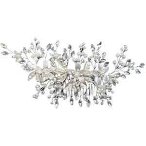 Handgemaakte bruidsparel haarkam met bloemenblad en legering for een bruiloft, verjaardagsfeestkroon(Silver)