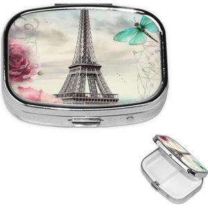 Pillendoos met libelmotief, Franse toren, 2 vakken, kleine pillendoos voor portemonnee of tas, reis-pillendoos, draagbare pillendoos, vitamine-organizer