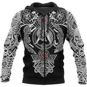 Nordic Wolf Tattoo Zip Hoody Voor Heren, Nieuwe 3D Odin Fenrir Totem Vegvisir Bedrukte Mode-pullover, Lente-jas met Trekkoord en Grote Zak met Lange Mouwen(Color:Black,Size:XL)